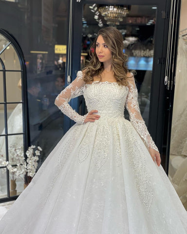 Deluxe Floor Length Long Sleeves A-Line Lace Wedding Dress with Ruffles