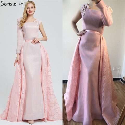 On Sale No Return No Refund Sale Du Bai Design Pink One Shoulder Evening Dresses Vintage Pearls Mermaid Sexy  Gowns 2025 Real Photo LA60929