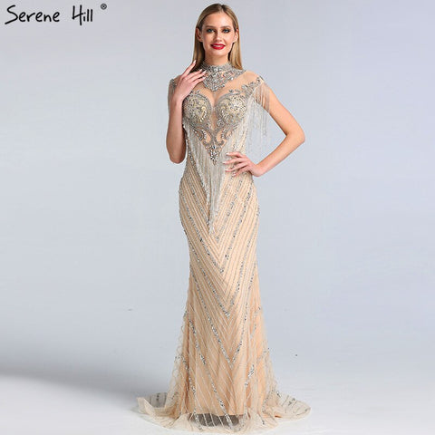 Dubai Beading Tassel Luxury Sexy Evening Dresses 2025 Silver Sleeveless High-end Evening Gowns LA60811