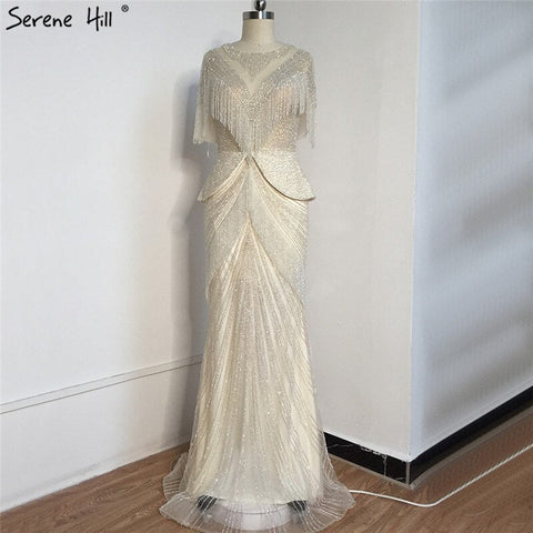 Dubai Beige Tassel Beading Mermaid Evening Dresses Design 2025 Half Sleeves Luxury Sexy Formal Dress LA70342