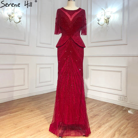 Dubai Beige Tassel Beading Mermaid Evening Dresses Design 2025 Half Sleeves Luxury Sexy Formal Dress LA70342