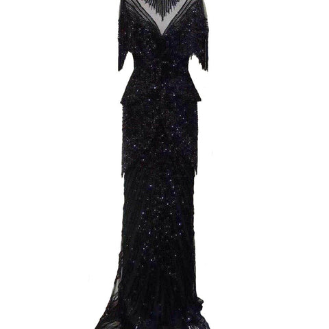 Dubai Beige Tassel Beading Mermaid Evening Dresses Design 2025 Half Sleeves Luxury Sexy Formal Dress LA70342