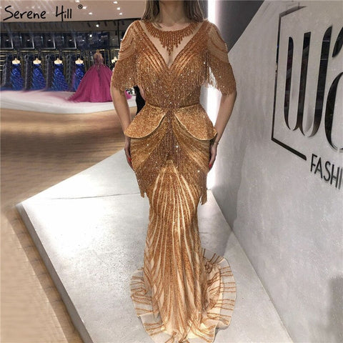 Dubai Beige Tassel Beading Mermaid Evening Dresses Design 2025 Half Sleeves Luxury Sexy Formal Dress LA70342