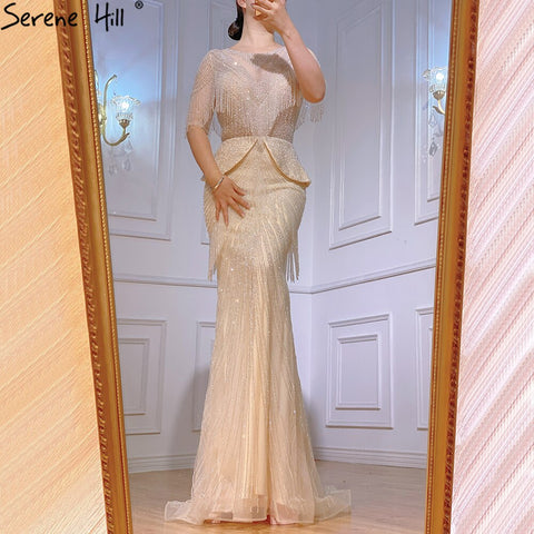 Dubai Beige Tassel Beading Mermaid Evening Dresses Design 2025 Half Sleeves Luxury Sexy Formal Dress LA70342