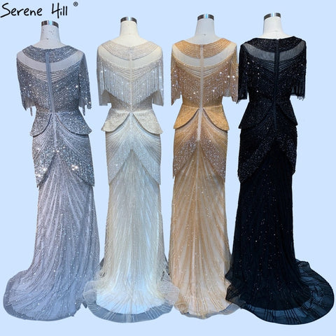 Dubai Beige Tassel Beading Mermaid Evening Dresses Design 2025 Half Sleeves Luxury Sexy Formal Dress LA70342