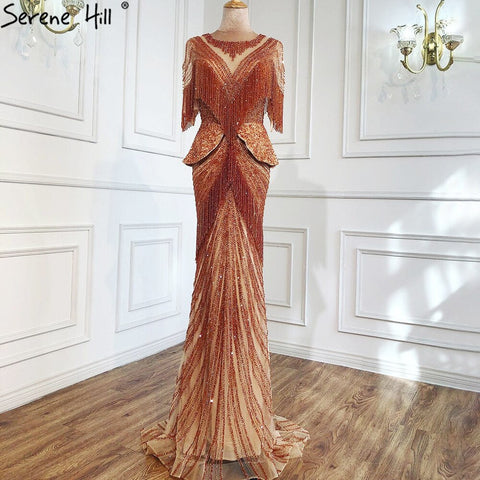 Dubai Beige Tassel Beading Mermaid Evening Dresses Design 2025 Half Sleeves Luxury Sexy Formal Dress LA70342
