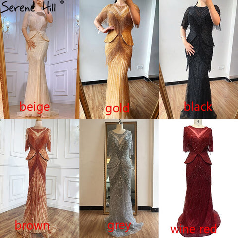 Dubai Beige Tassel Beading Mermaid Evening Dresses Design 2025 Half Sleeves Luxury Sexy Formal Dress LA70342