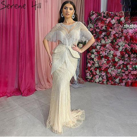 Dubai Beige Tassel Beading Mermaid Evening Dresses Design 2025 Half Sleeves Luxury Sexy Formal Dress LA70342