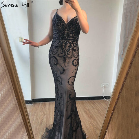 Dubai Black V-Neck Sexy Luxury Evening Dress 2025 Sleeveless Mermaid Diamond Beading Evening Dress Real Photo LA70175