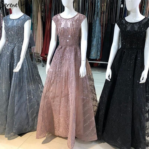Dubai Blue A-Line Luxury Beading Evening Dresses 2025 O-Neck Crystal Sexy Formal Dress Long LA70552