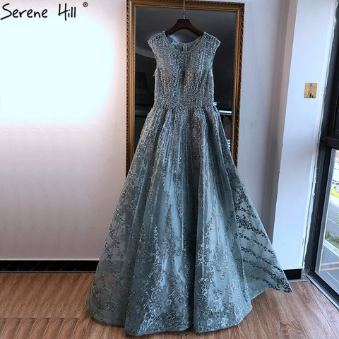 Dubai Blue A-Line Luxury Beading Evening Dresses 2025 O-Neck Crystal Sexy Formal Dress Long LA70552