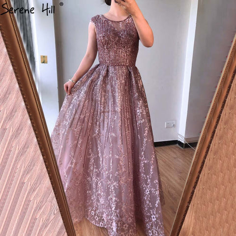 Dubai Blue A-Line Luxury Beading Evening Dresses 2025 O-Neck Crystal Sexy Formal Dress Long LA70552