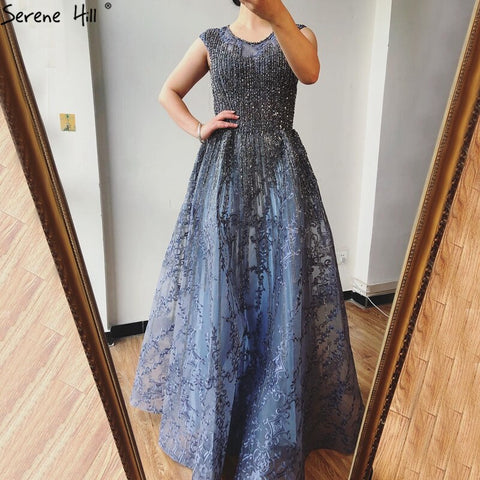 Dubai Blue A-Line Luxury Beading Evening Dresses 2025 O-Neck Crystal Sexy Formal Dress Long LA70552