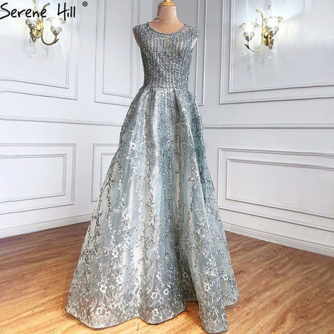 Dubai Blue A-Line Luxury Beading Evening Dresses 2025 O-Neck Crystal Sexy Formal Dress Long LA70552