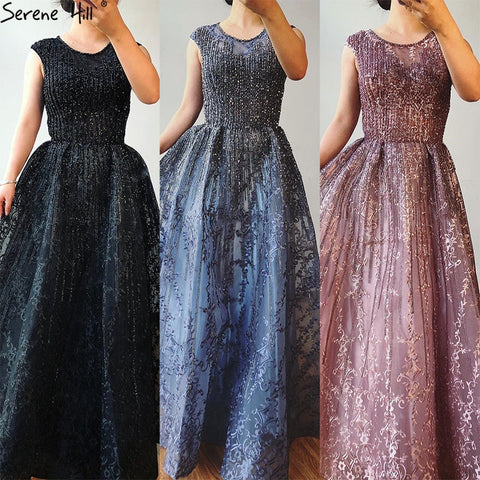 Dubai Blue A-Line Luxury Beading Evening Dresses 2025 O-Neck Crystal Sexy Formal Dress Long LA70552