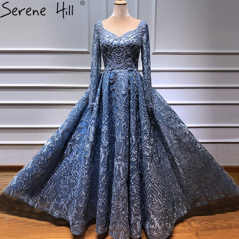 Dubai Blue Muslim  Lace  Beading Luxury Evening Dresses 2025 Long Plus Size Dress Evening Gowns LA60899  For Women