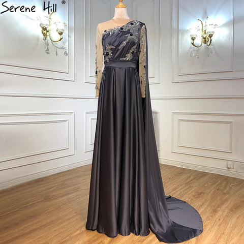 Dubai Blue O-Neck Beading Sexy Evening Dresses Design 2025 A-Line Satin Long Sleeves Formal Dress LA70505