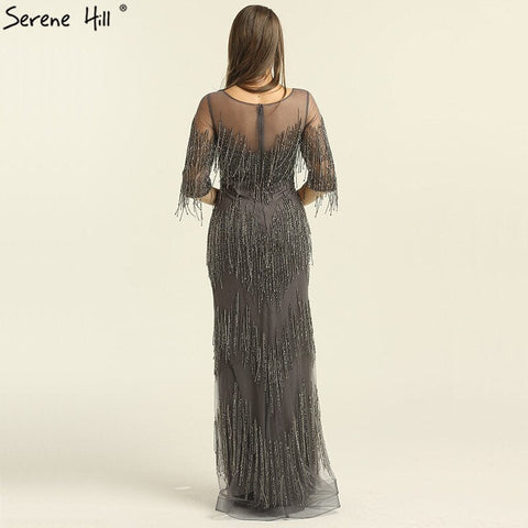 On Sale no return no refundSale Dubai Champagne Langarm Sexy Abendkleider 2025 Perlen Quaste Elegante Meerjungfrau Formale Kleid LA6559