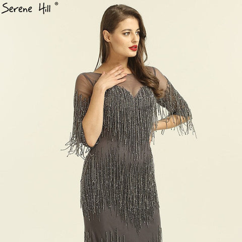 On Sale no return no refundSale Dubai Champagne Langarm Sexy Abendkleider 2025 Perlen Quaste Elegante Meerjungfrau Formale Kleid LA6559