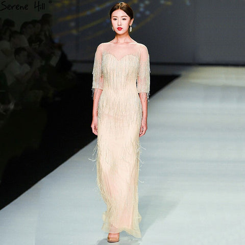 On Sale no return no refundSale Dubai Champagne Langarm Sexy Abendkleider 2025 Perlen Quaste Elegante Meerjungfrau Formale Kleid LA6559