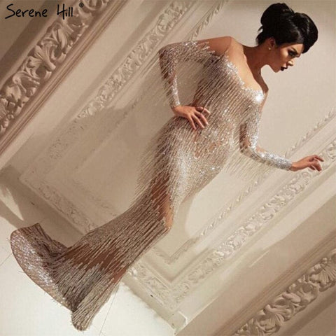 On Sale no return no refundSale Dubai Champagne Langarm Sexy Abendkleider 2025 Perlen Quaste Elegante Meerjungfrau Formale Kleid LA6559