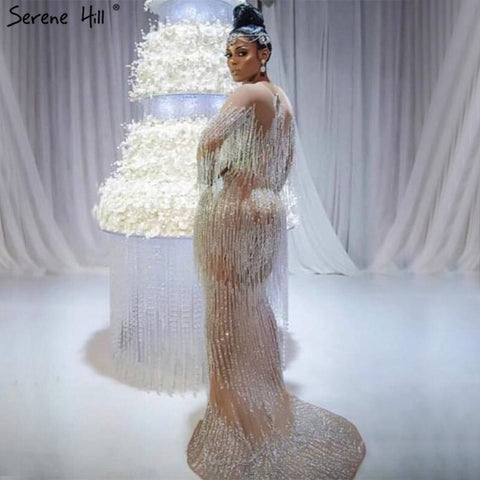 On Sale no return no refundSale Dubai Champagne Langarm Sexy Abendkleider 2025 Perlen Quaste Elegante Meerjungfrau Formale Kleid LA6559