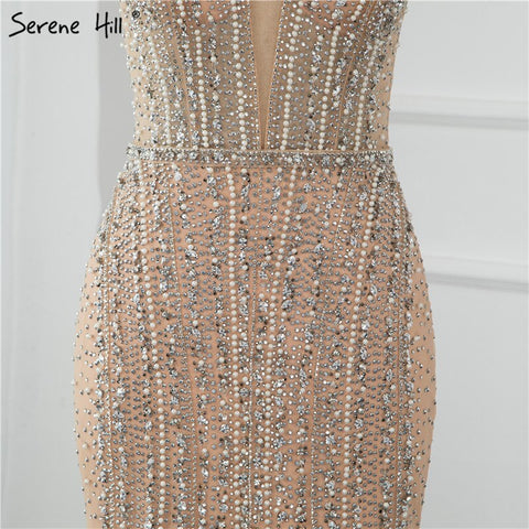 Dubai Champagne Pearls Diamond Formal Gowns Design 2025 V-Neck Sleeveless Sexy Evening Dresses LA70055