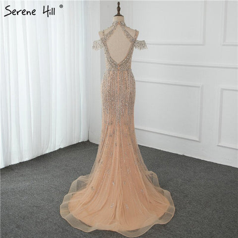 Dubai Champagne Pearls Diamond Formal Gowns Design 2025 V-Neck Sleeveless Sexy Evening Dresses LA70055