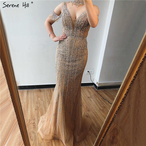 Dubai Champagne Pearls Diamond Formal Gowns Design 2025 V-Neck Sleeveless Sexy Evening Dresses LA70055