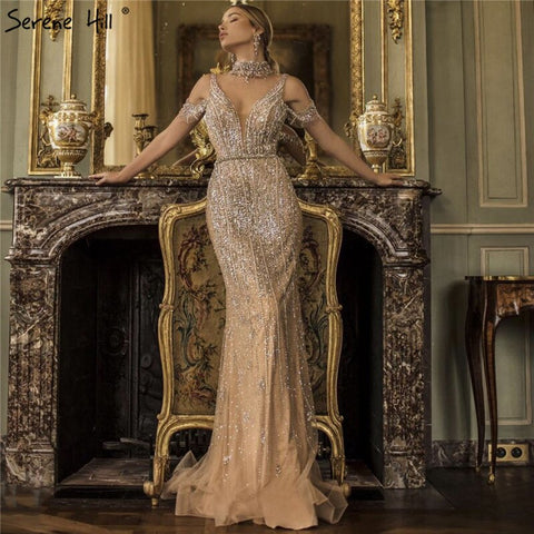 Dubai Champagne Pearls Diamond Formal Gowns Design 2025 V-Neck Sleeveless Sexy Evening Dresses LA70055