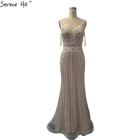 Dubai Champagne Sleeveless Mermaid Sexy Evening Dresses 2025 Beading Sequins Backless Formal Dress LA70400
