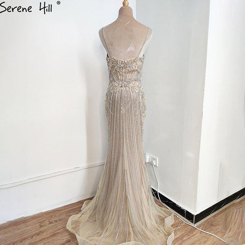 Dubai Champagne Sleeveless Mermaid Sexy Evening Dresses 2025 Beading Sequins Backless Formal Dress LA70400