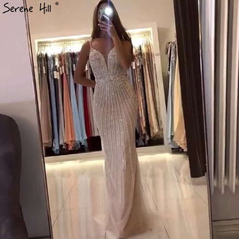 Dubai Champagne Sleeveless Mermaid Sexy Evening Dresses 2025 Beading Sequins Backless Formal Dress LA70400