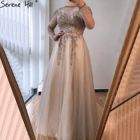 On Sale no return no refundSale Dubai Champange A-Line Sexy Evening Dresses Long Sleeves Beading Diamond Sparkle Formal Dress 2025 LA70647