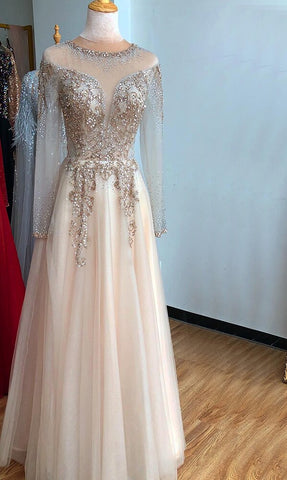 On Sale no return no refundSale Dubai Champange A-Line Sexy Evening Dresses Long Sleeves Beading Diamond Sparkle Formal Dress 2025 LA70647