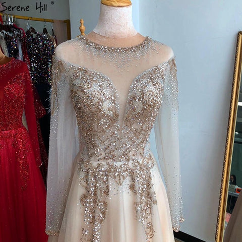 On Sale no return no refundSale Dubai Champange A-Line Sexy Evening Dresses Long Sleeves Beading Diamond Sparkle Formal Dress 2025 LA70647