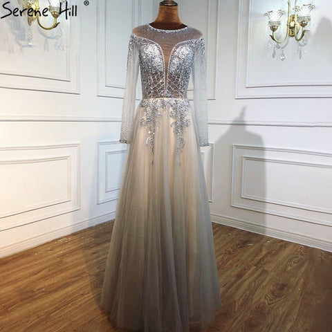 On Sale no return no refundSale Dubai Champange A-Line Sexy Evening Dresses Long Sleeves Beading Diamond Sparkle Formal Dress 2025 LA70647