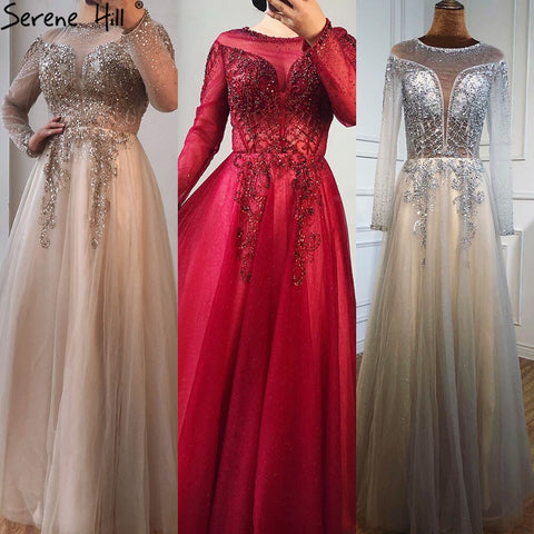 On Sale no return no refundSale Dubai Champange A-Line Sexy Evening Dresses Long Sleeves Beading Diamond Sparkle Formal Dress 2025 LA70647