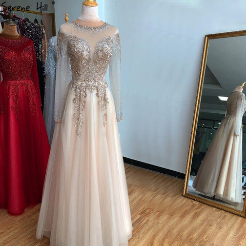 On Sale no return no refundSale Dubai Champange A-Line Sexy Evening Dresses Long Sleeves Beading Diamond Sparkle Formal Dress 2025 LA70647
