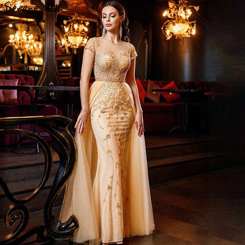 Dubai Crystal Short Sleeve Evening Dresses Design 2025 Luxury Mermaid Sexy Formal Dress LA60960