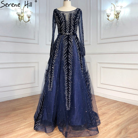 Dubai Design Green Long Sleeves Evening Dresses 2025 O-Neck Beading Sequined A-Line Formal Dress LA70040