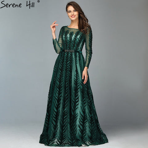 Dubai Design Green Long Sleeves Evening Dresses 2025 O-Neck Beading Sequined A-Line Formal Dress LA70040