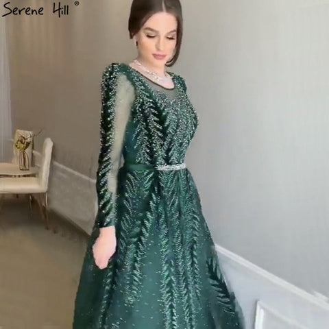 Dubai Design Green Long Sleeves Evening Dresses 2025 O-Neck Beading Sequined A-Line Formal Dress LA70040