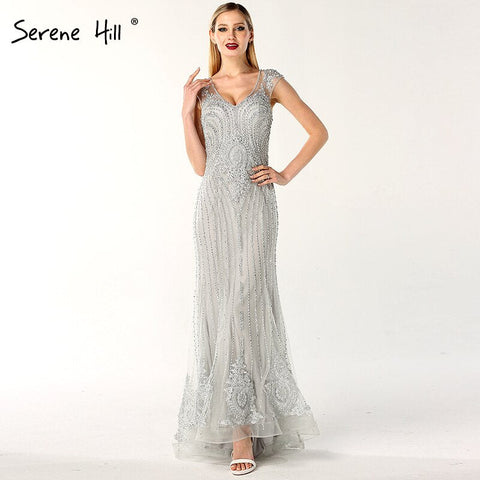 On Sale no return no refundSale Dubai Design Grey V-Neck Luxury Evening Dresses Beading Pearls Cap Sleeve Sexy Evening Gowns 2025 LA60821