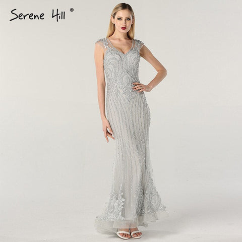 On Sale no return no refundSale Dubai Design Grey V-Neck Luxury Evening Dresses Beading Pearls Cap Sleeve Sexy Evening Gowns 2025 LA60821