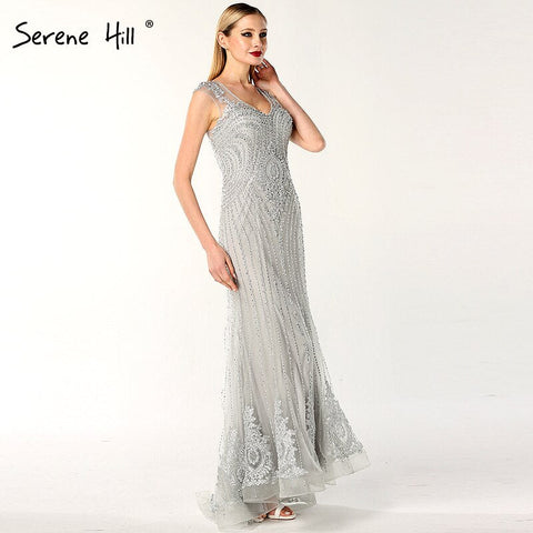 On Sale no return no refundSale Dubai Design Grey V-Neck Luxury Evening Dresses Beading Pearls Cap Sleeve Sexy Evening Gowns 2025 LA60821