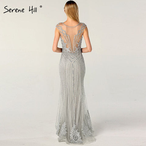 On Sale no return no refundSale Dubai Design Grey V-Neck Luxury Evening Dresses Beading Pearls Cap Sleeve Sexy Evening Gowns 2025 LA60821