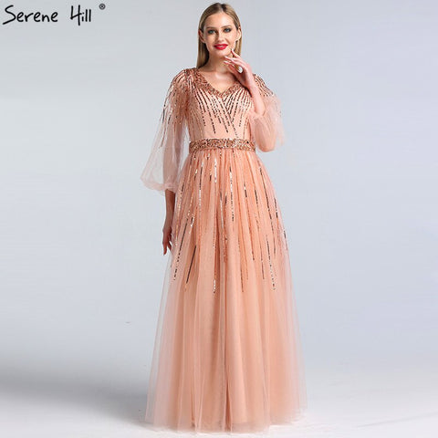 On Sale No Return No Refund  Sale Dubai Design Pink V-Neck 2025 Evening Dresses Sequined Long Sleeves Luxury Formal Dress LA60948