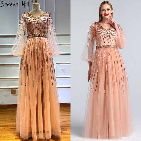 On Sale No Return No Refund  Sale Dubai Design Pink V-Neck 2025 Evening Dresses Sequined Long Sleeves Luxury Formal Dress LA60948