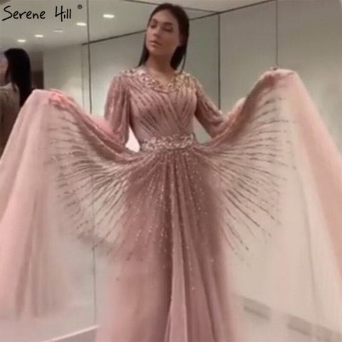 On Sale No Return No Refund  Sale Dubai Design Pink V-Neck 2025 Evening Dresses Sequined Long Sleeves Luxury Formal Dress LA60948
